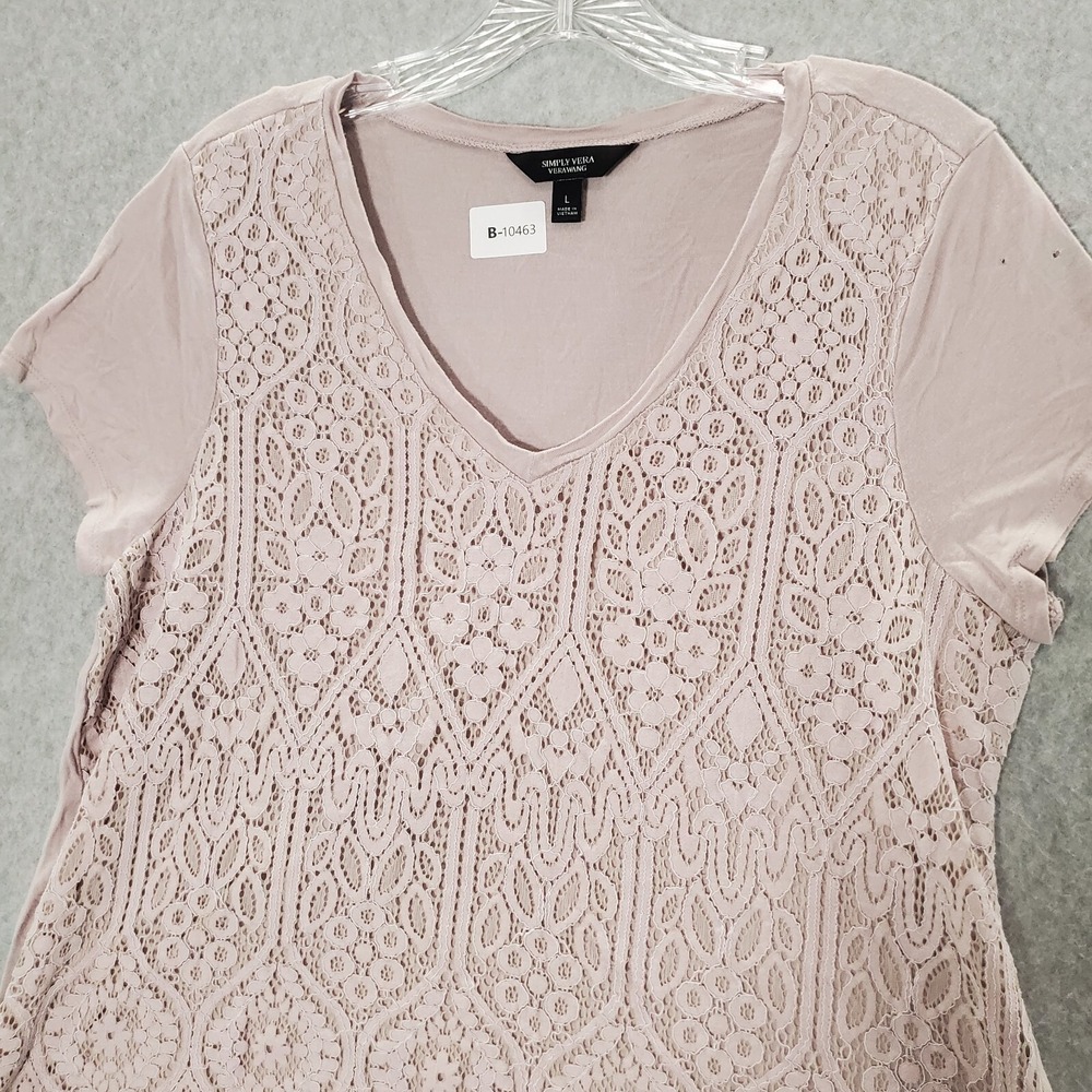 Simply Vera Wang Women Top Large Pink Lace V Neck Short Sleeve READ - Picture 2 of 10